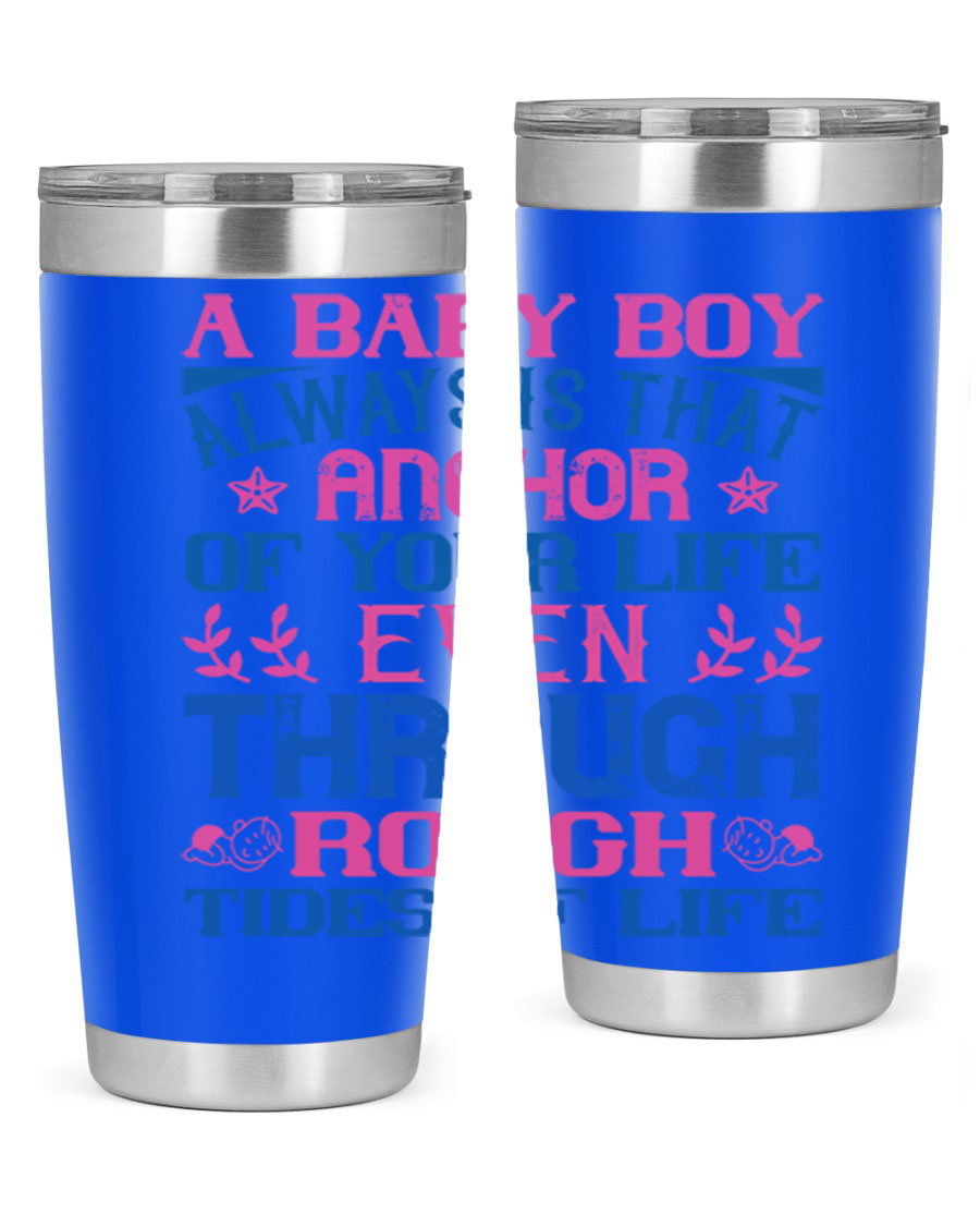 Stylish stainless steel tumbler featuring a heartfelt design celebrating a baby boy, perfect for keeping drinks hot or cold.