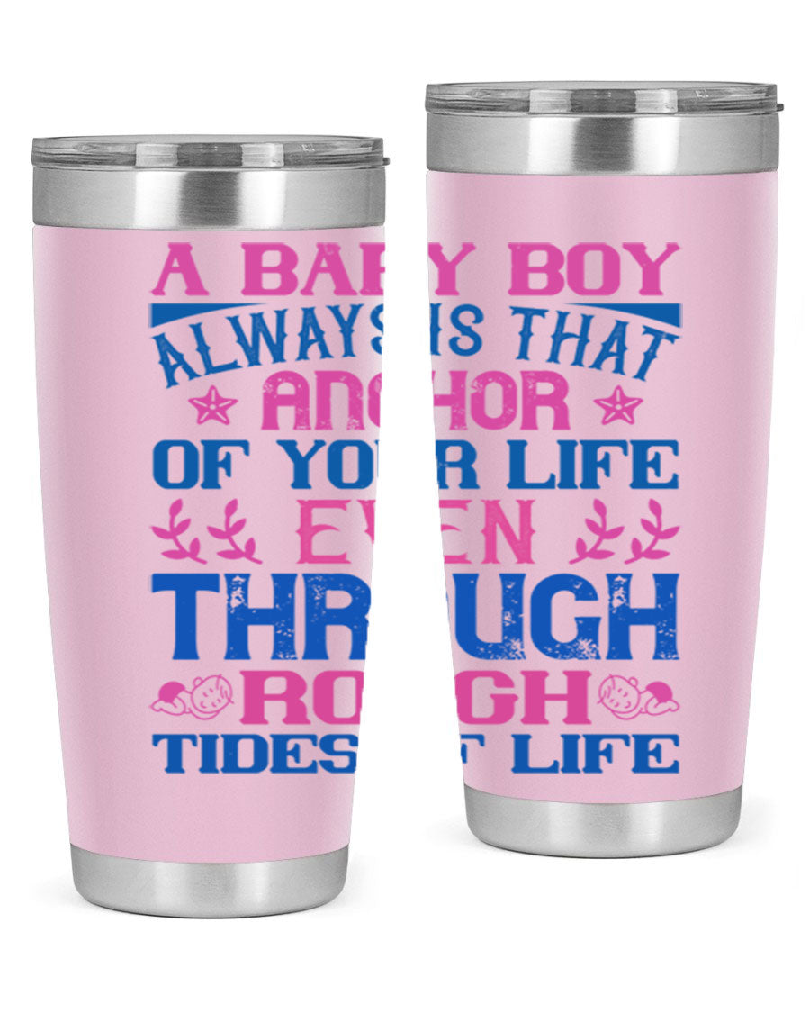 Stylish stainless steel tumbler featuring a heartfelt design celebrating a baby boy, perfect for keeping drinks hot or cold.