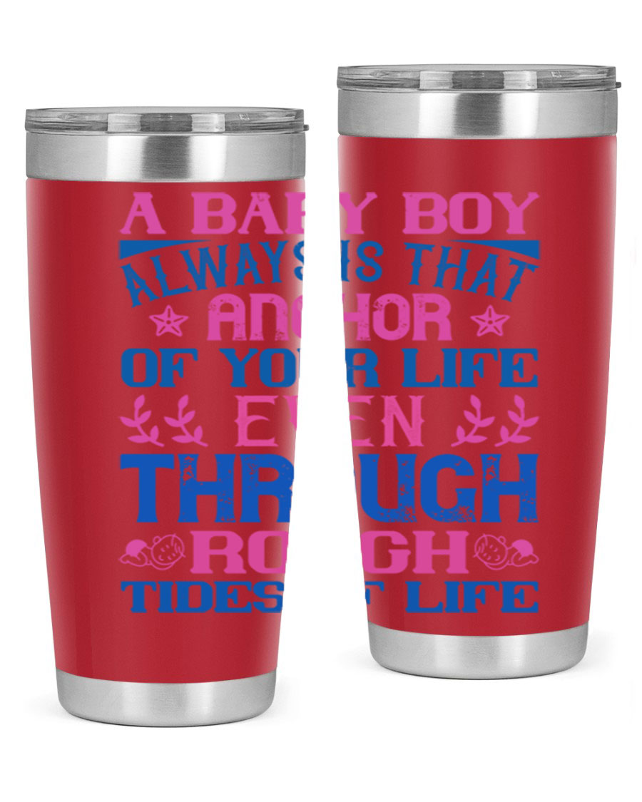 Stylish stainless steel tumbler featuring a heartfelt design celebrating a baby boy, perfect for keeping drinks hot or cold.