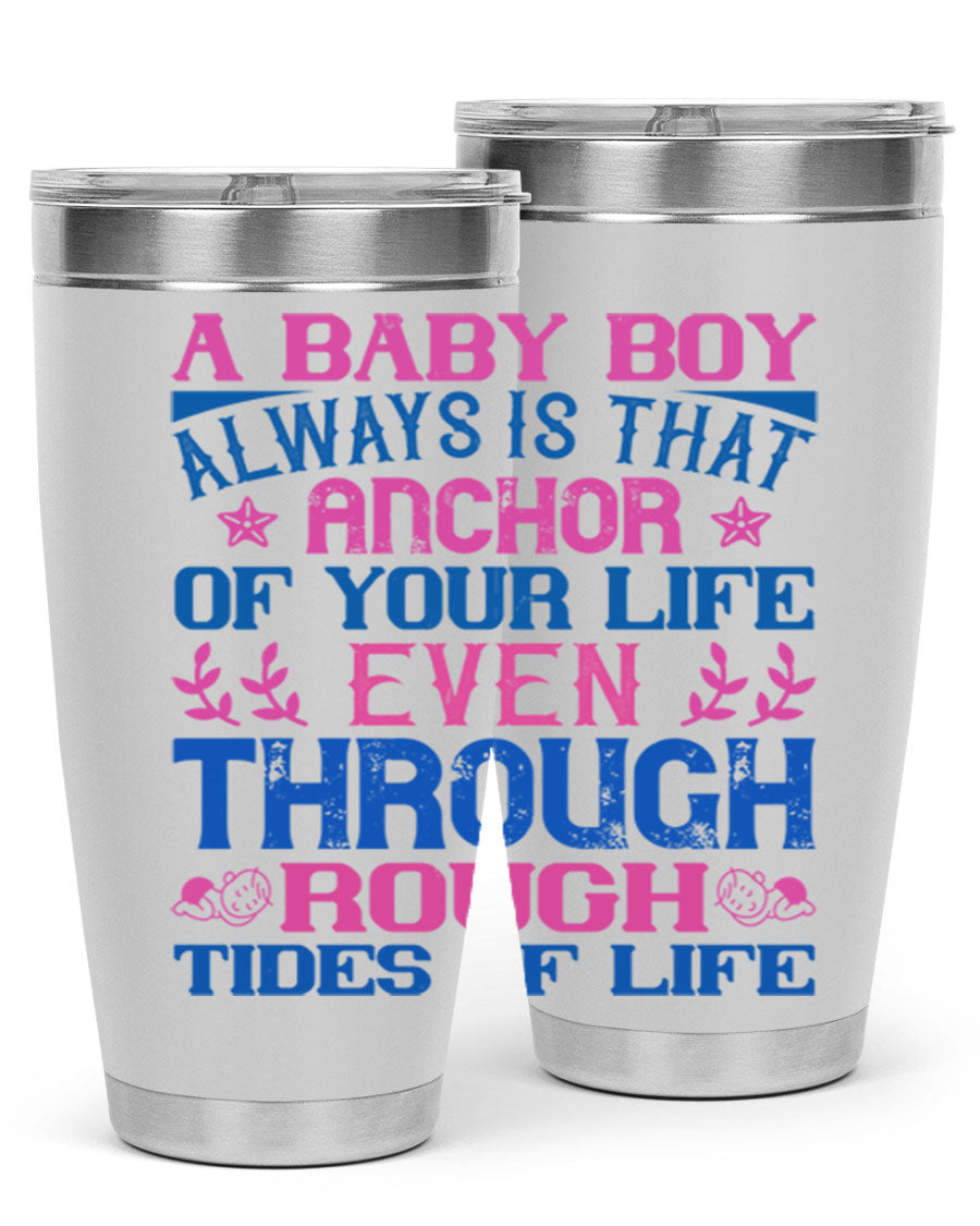 Stylish stainless steel tumbler featuring a heartfelt design celebrating a baby boy, perfect for keeping drinks hot or cold.