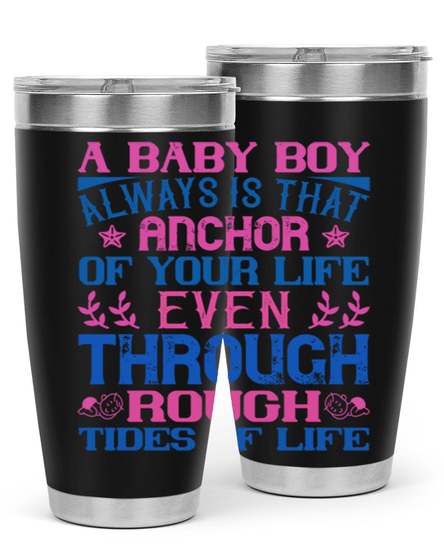Stylish stainless steel tumbler featuring a heartfelt design celebrating a baby boy, perfect for keeping drinks hot or cold.
