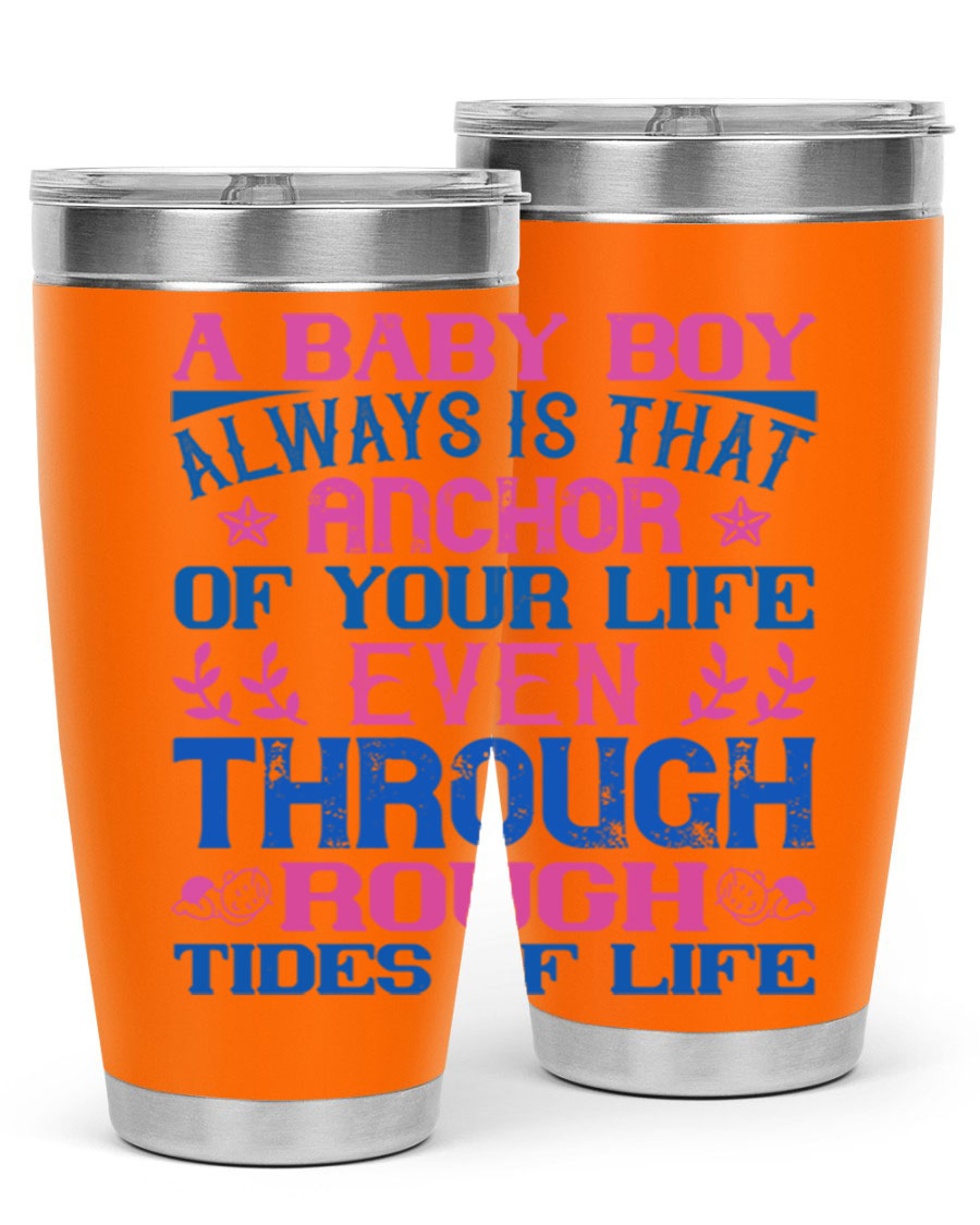 Stylish stainless steel tumbler featuring a heartfelt design celebrating a baby boy, perfect for keeping drinks hot or cold.