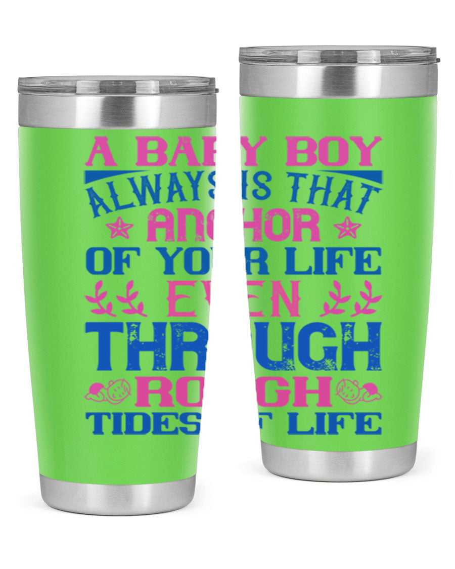 Stylish stainless steel tumbler featuring a heartfelt design celebrating a baby boy, perfect for keeping drinks hot or cold.