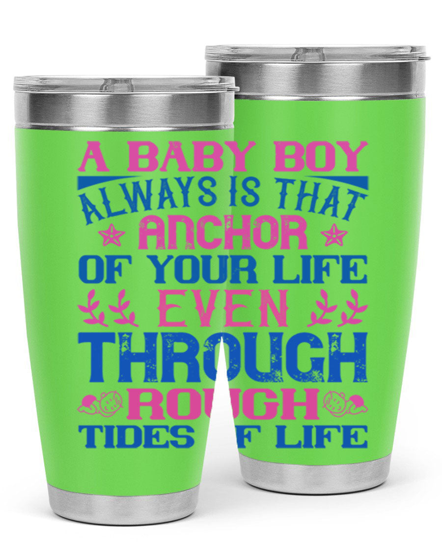 Stylish stainless steel tumbler featuring a heartfelt design celebrating a baby boy, perfect for keeping drinks hot or cold.