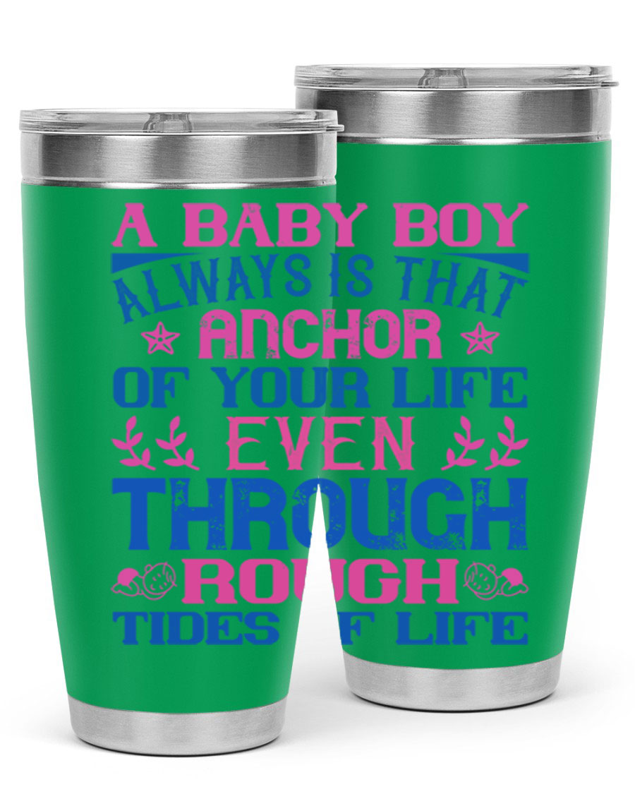 Stylish stainless steel tumbler featuring a heartfelt design celebrating a baby boy, perfect for keeping drinks hot or cold.