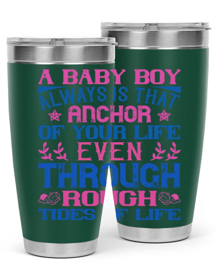Stylish stainless steel tumbler featuring a heartfelt design celebrating a baby boy, perfect for keeping drinks hot or cold.
