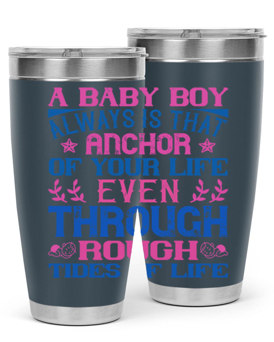 Stylish stainless steel tumbler featuring a heartfelt design celebrating a baby boy, perfect for keeping drinks hot or cold.