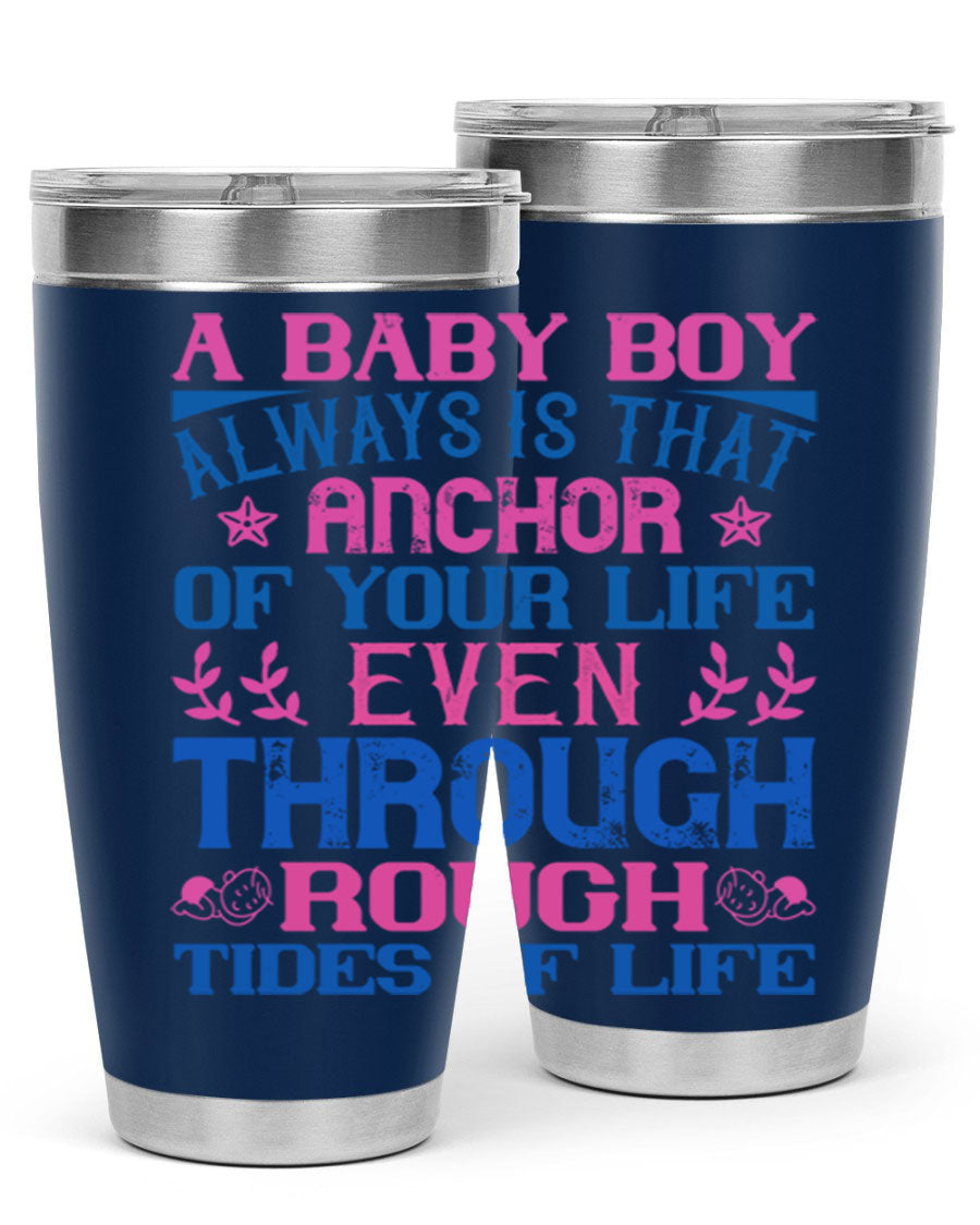 Stylish stainless steel tumbler featuring a heartfelt design celebrating a baby boy, perfect for keeping drinks hot or cold.