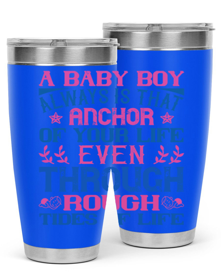 Stylish stainless steel tumbler featuring a heartfelt design celebrating a baby boy, perfect for keeping drinks hot or cold.