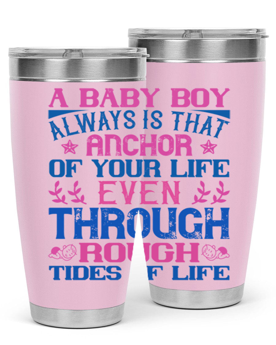 Stylish stainless steel tumbler featuring a heartfelt design celebrating a baby boy, perfect for keeping drinks hot or cold.