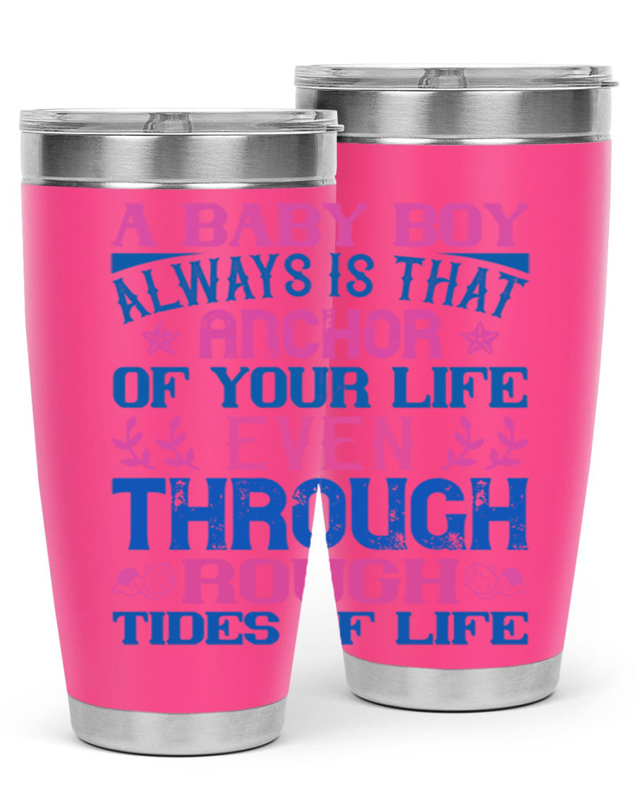 Stylish stainless steel tumbler featuring a heartfelt design celebrating a baby boy, perfect for keeping drinks hot or cold.