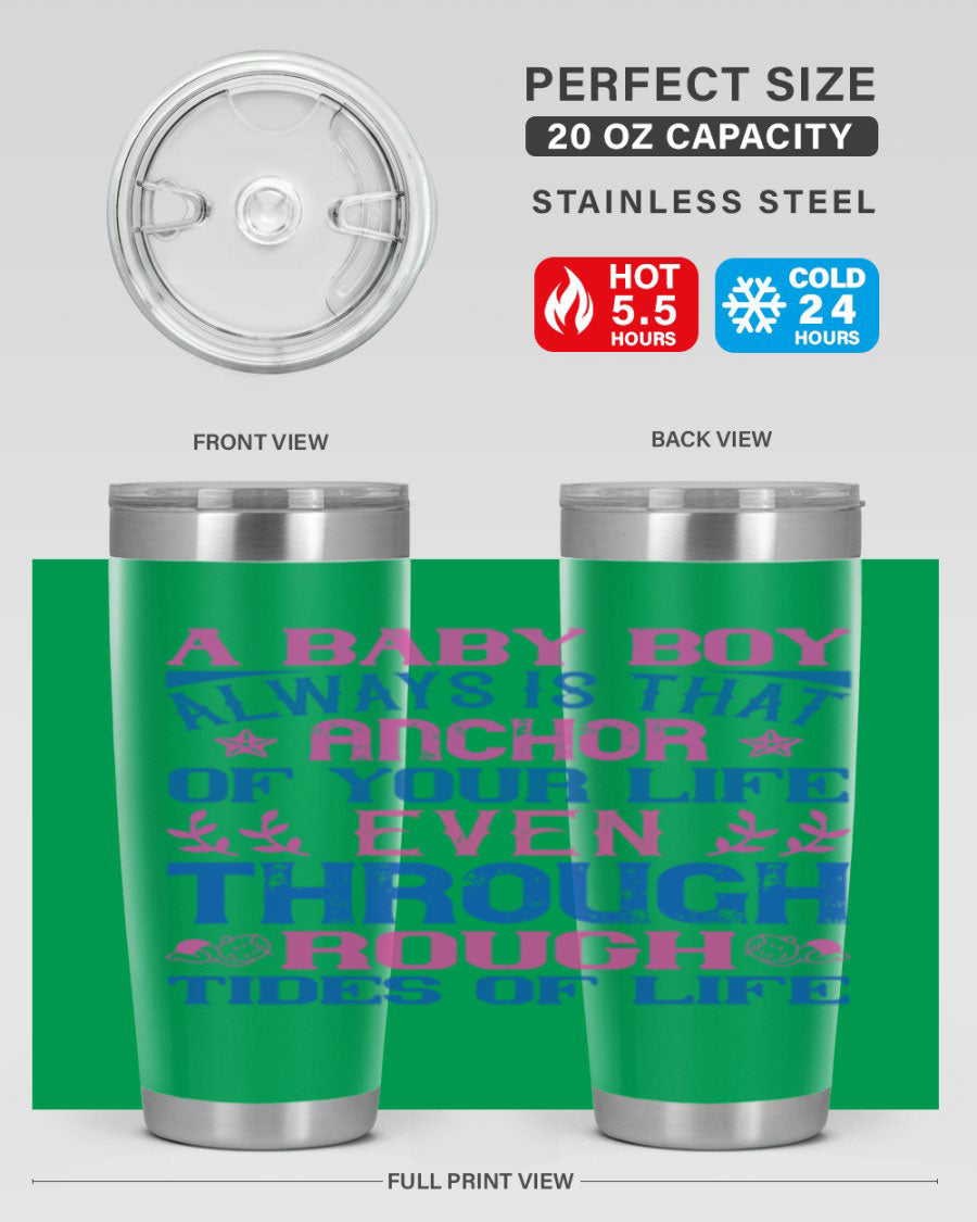Stylish stainless steel tumbler featuring a heartfelt design celebrating a baby boy, perfect for keeping drinks hot or cold.