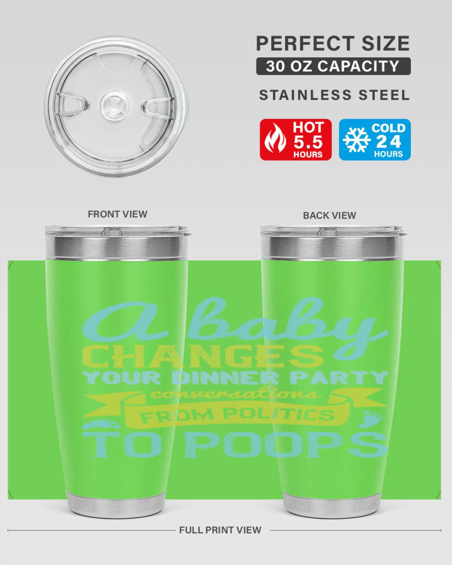 A stylish double wall vacuum stainless steel tumbler with a humorous quote about parenting, showcasing its sleek design and drink-thru lid.