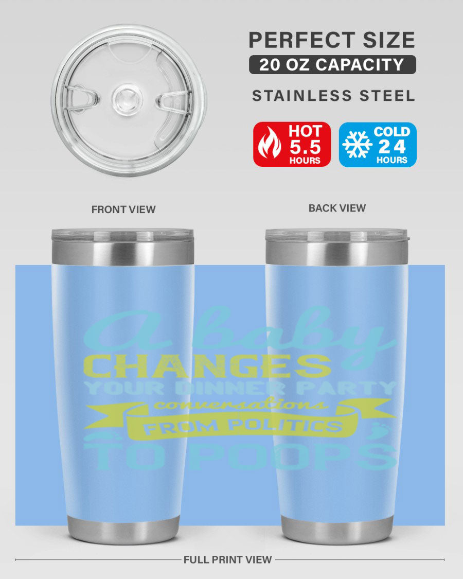 A stylish double wall vacuum stainless steel tumbler with a humorous quote about parenting, showcasing its sleek design and drink-thru lid.