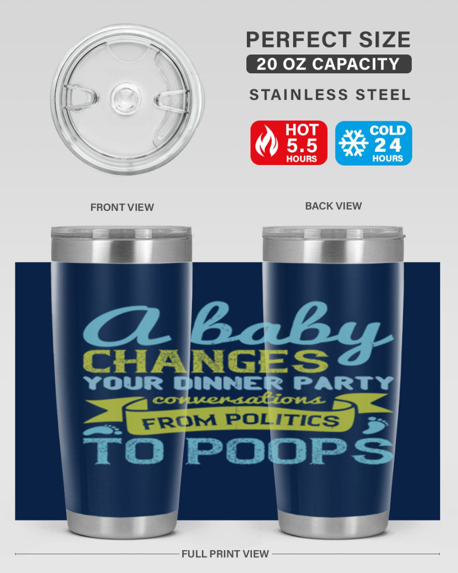 A stylish double wall vacuum stainless steel tumbler with a humorous quote about parenting, showcasing its sleek design and drink-thru lid.