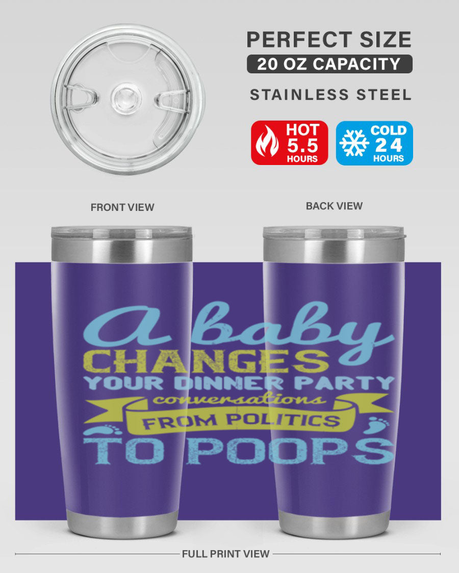 A stylish double wall vacuum stainless steel tumbler with a humorous quote about parenting, showcasing its sleek design and drink-thru lid.