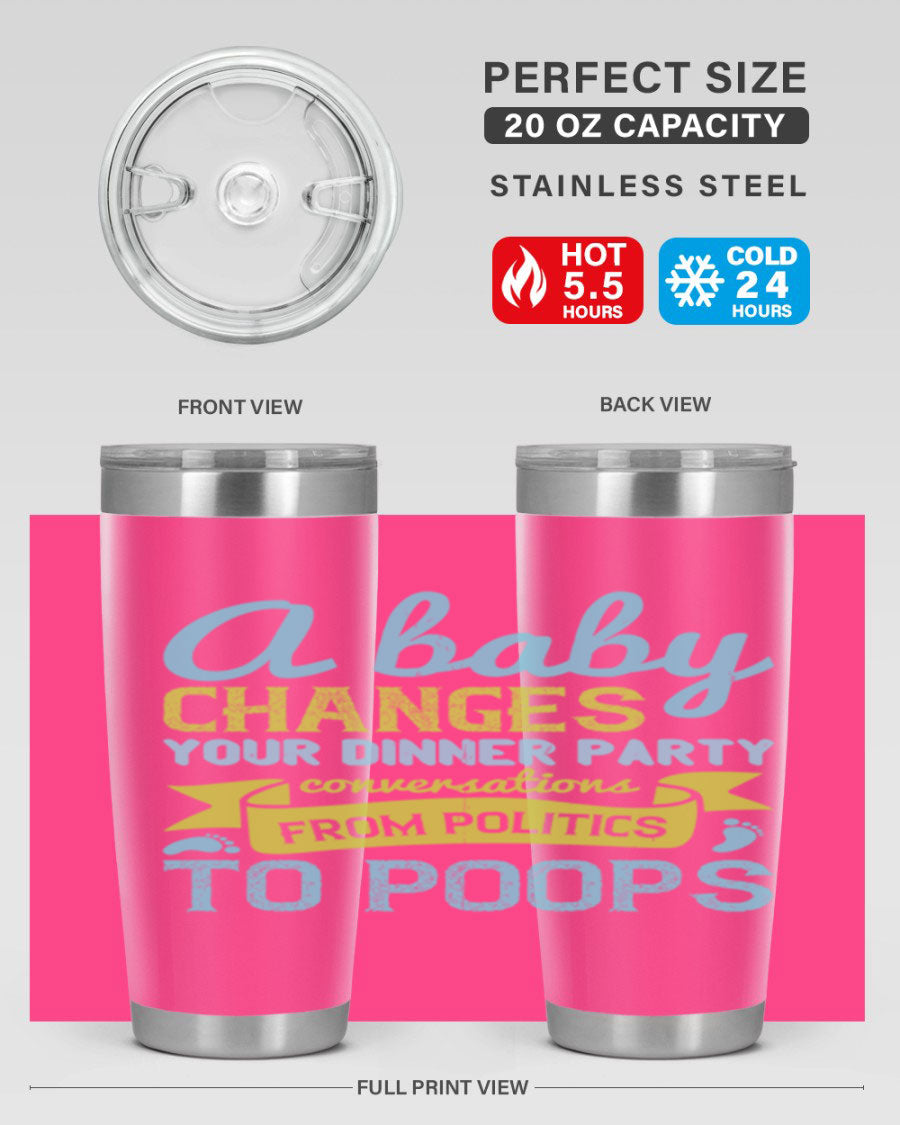 A stylish double wall vacuum stainless steel tumbler with a humorous quote about parenting, showcasing its sleek design and drink-thru lid.