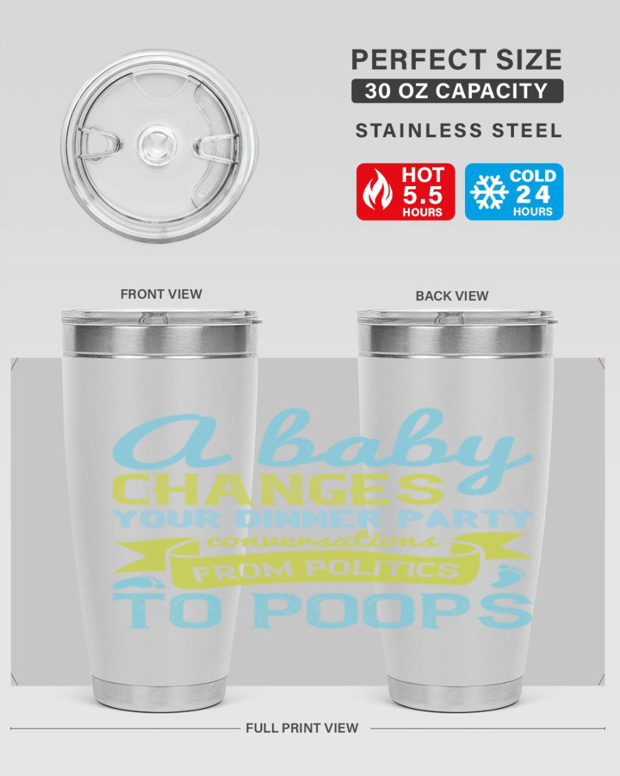 A stylish double wall vacuum stainless steel tumbler with a humorous quote about parenting, showcasing its sleek design and drink-thru lid.