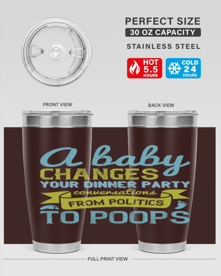 A stylish double wall vacuum stainless steel tumbler with a humorous quote about parenting, showcasing its sleek design and drink-thru lid.