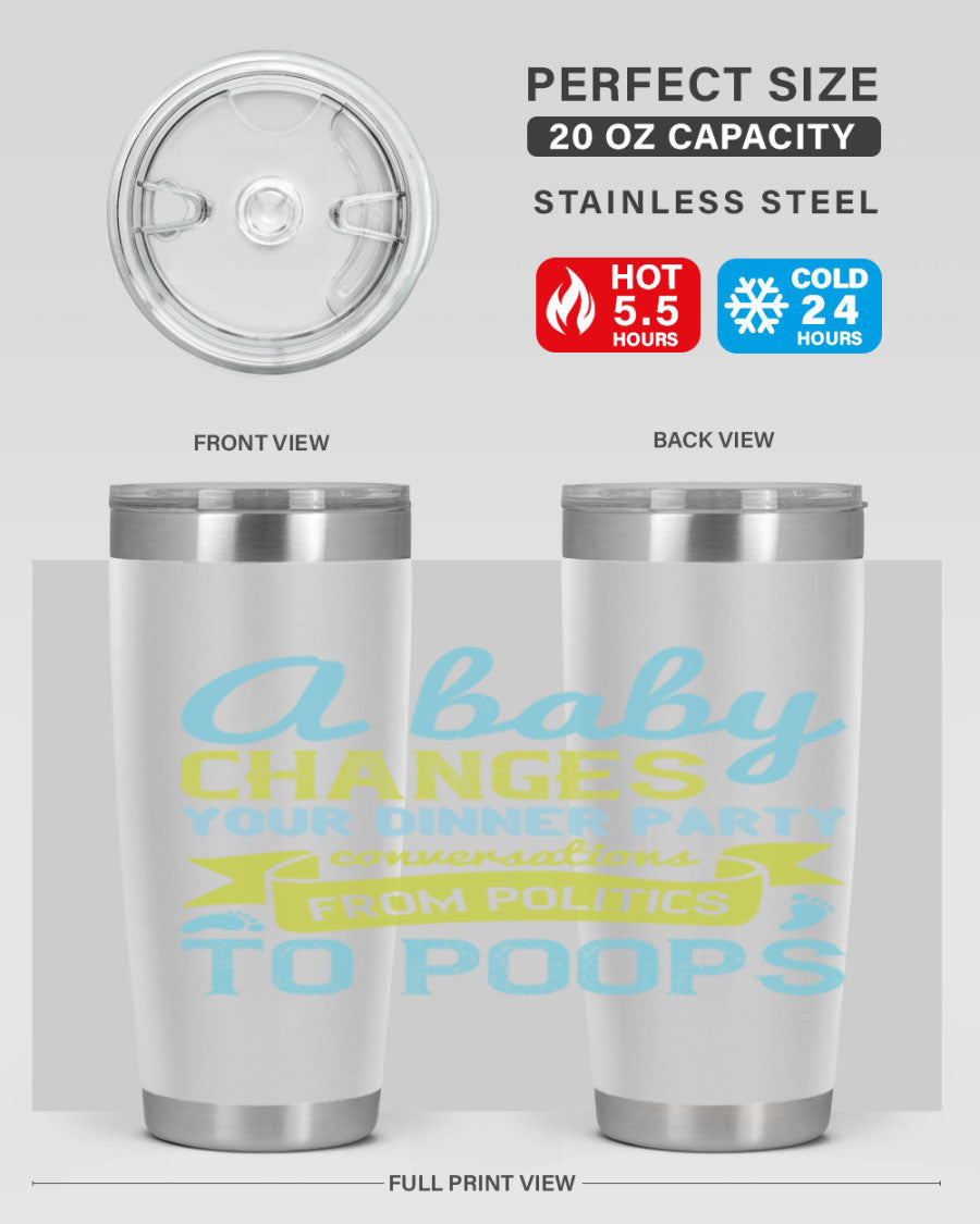 A stylish double wall vacuum stainless steel tumbler with a humorous quote about parenting, showcasing its sleek design and drink-thru lid.