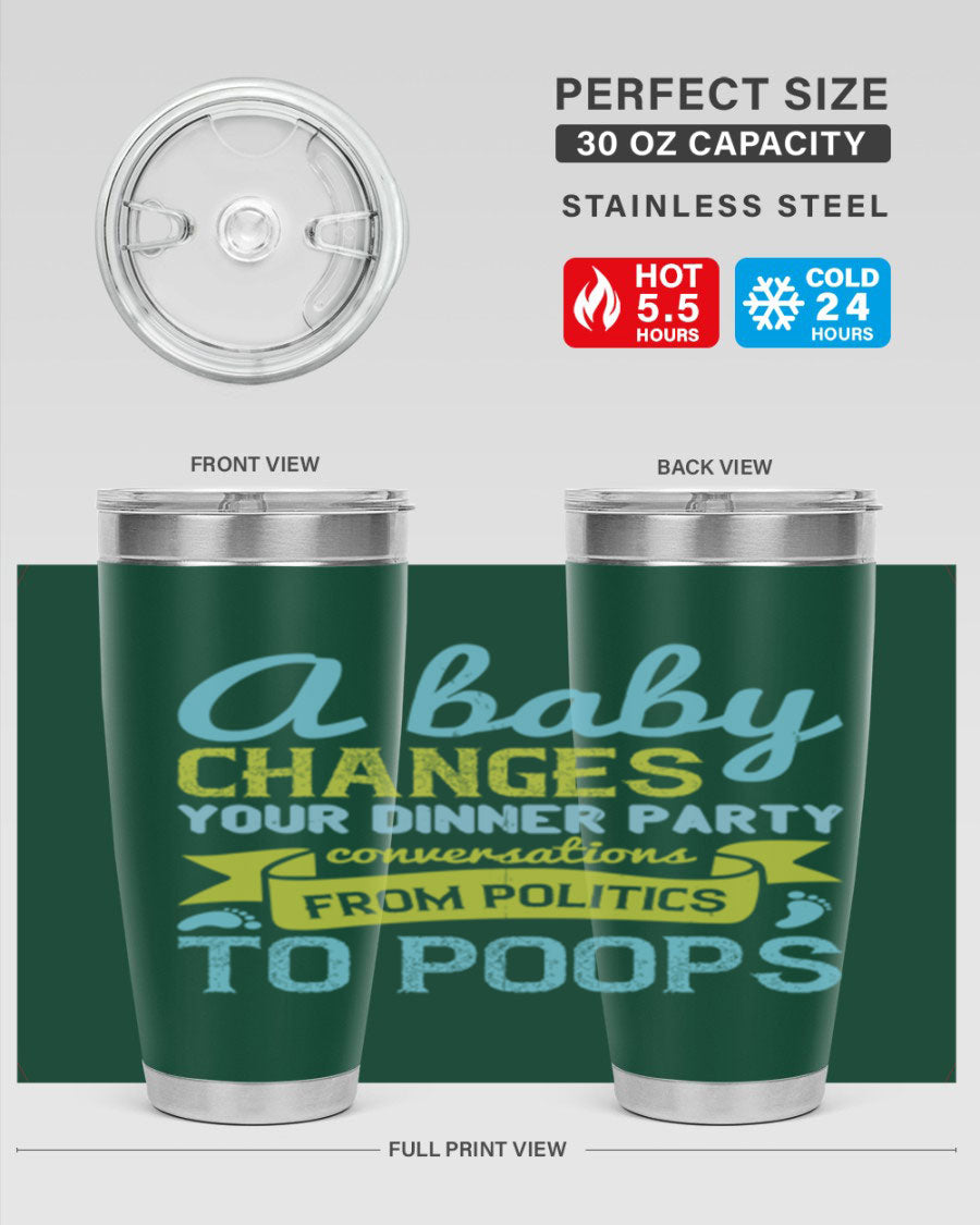 A stylish double wall vacuum stainless steel tumbler with a humorous quote about parenting, showcasing its sleek design and drink-thru lid.