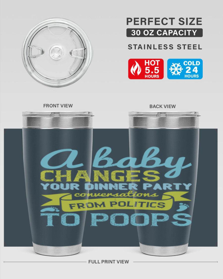 A stylish double wall vacuum stainless steel tumbler with a humorous quote about parenting, showcasing its sleek design and drink-thru lid.