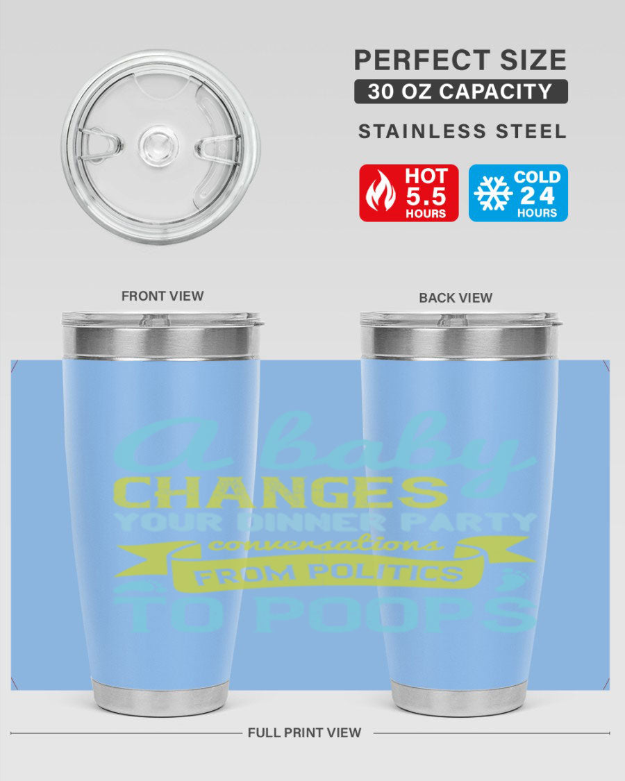 A stylish double wall vacuum stainless steel tumbler with a humorous quote about parenting, showcasing its sleek design and drink-thru lid.
