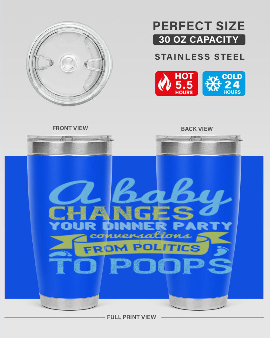 A stylish double wall vacuum stainless steel tumbler with a humorous quote about parenting, showcasing its sleek design and drink-thru lid.