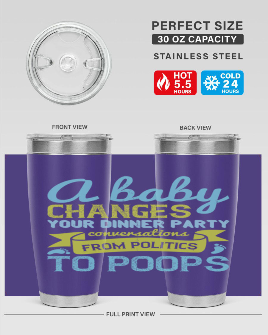 A stylish double wall vacuum stainless steel tumbler with a humorous quote about parenting, showcasing its sleek design and drink-thru lid.