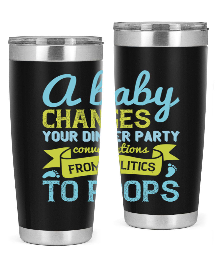 A stylish double wall vacuum stainless steel tumbler with a humorous quote about parenting, showcasing its sleek design and drink-thru lid.