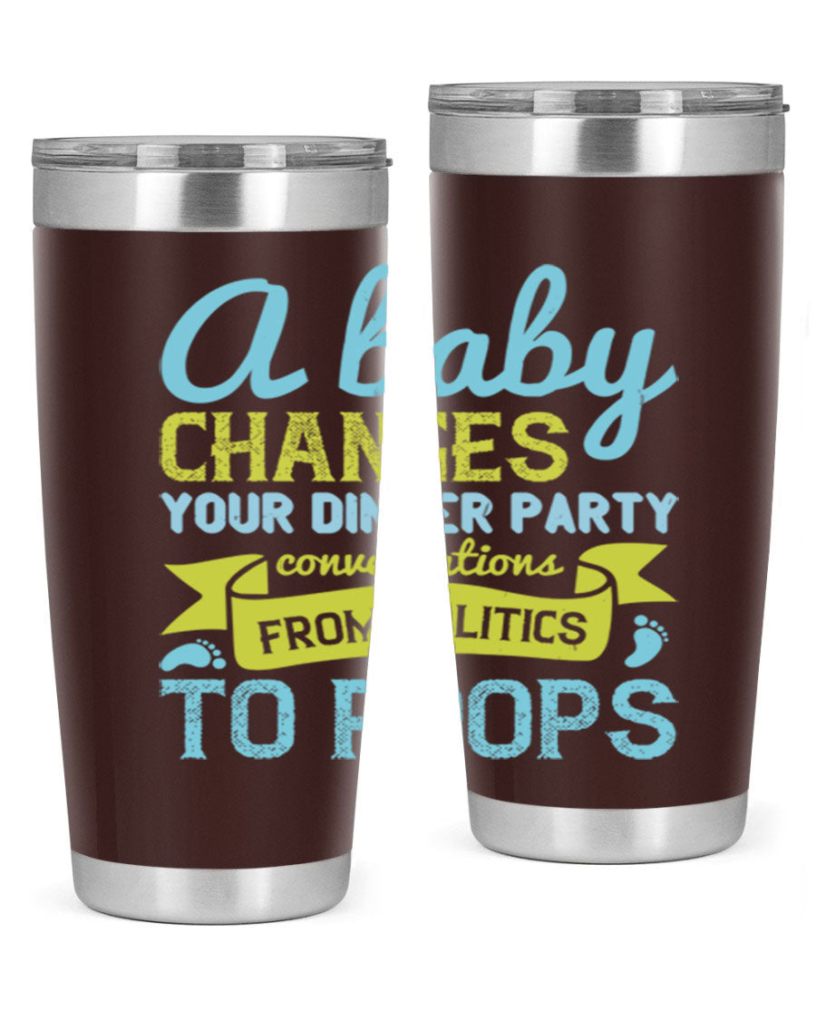 A stylish double wall vacuum stainless steel tumbler with a humorous quote about parenting, showcasing its sleek design and drink-thru lid.