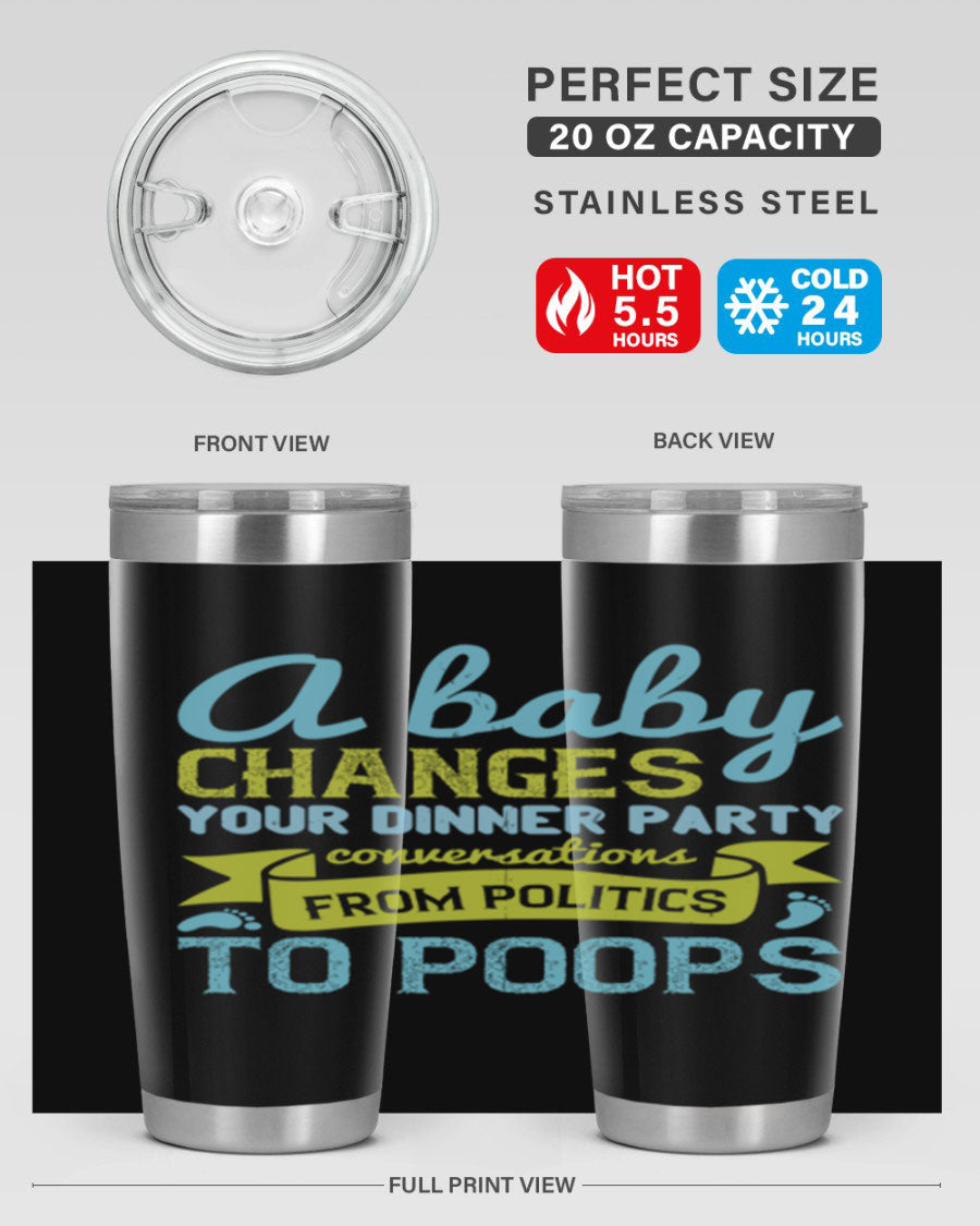 A stylish double wall vacuum stainless steel tumbler with a humorous quote about parenting, showcasing its sleek design and drink-thru lid.