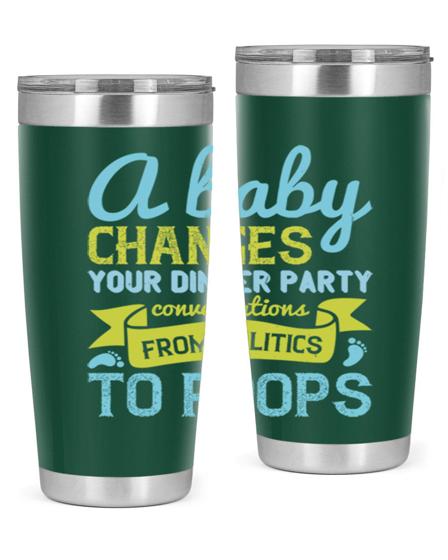 A stylish double wall vacuum stainless steel tumbler with a humorous quote about parenting, showcasing its sleek design and drink-thru lid.