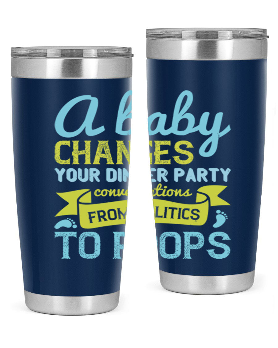 A stylish double wall vacuum stainless steel tumbler with a humorous quote about parenting, showcasing its sleek design and drink-thru lid.