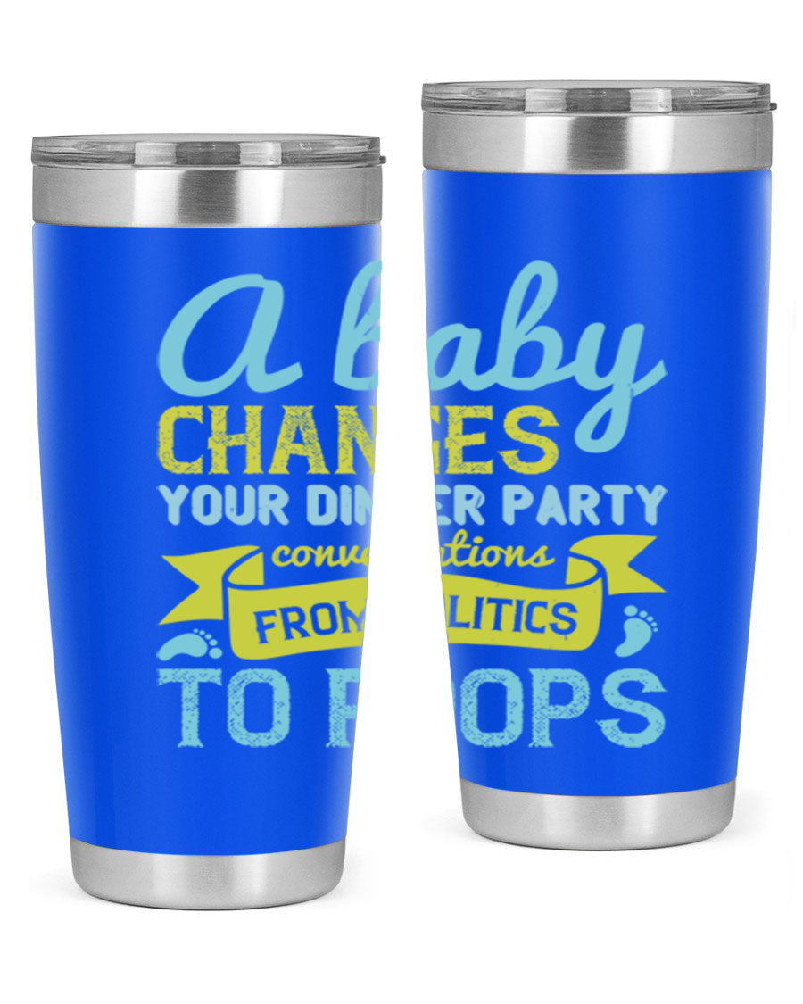 A stylish double wall vacuum stainless steel tumbler with a humorous quote about parenting, showcasing its sleek design and drink-thru lid.