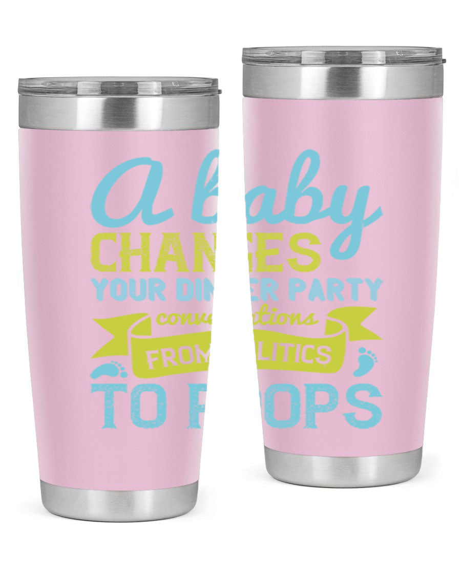 A stylish double wall vacuum stainless steel tumbler with a humorous quote about parenting, showcasing its sleek design and drink-thru lid.