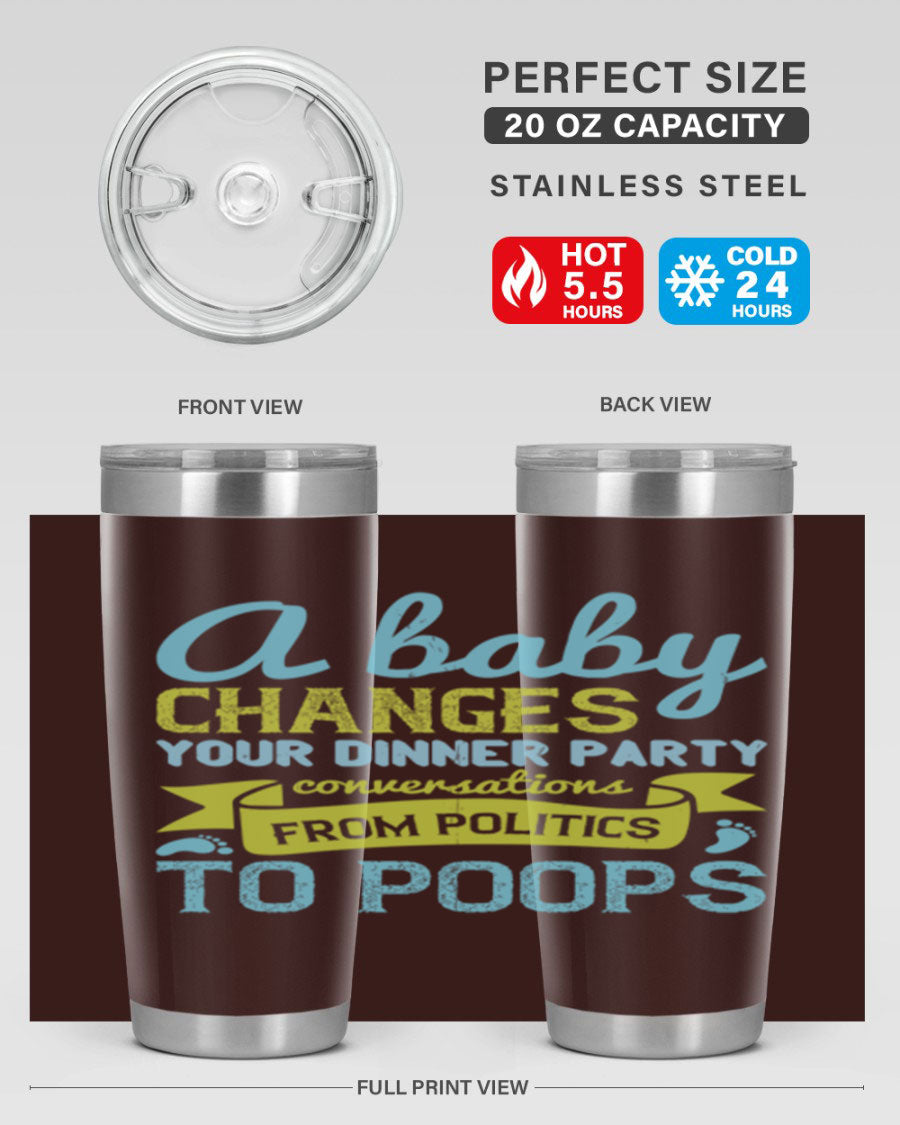 A stylish double wall vacuum stainless steel tumbler with a humorous quote about parenting, showcasing its sleek design and drink-thru lid.