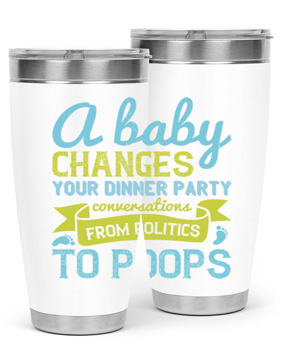 A stylish double wall vacuum stainless steel tumbler with a humorous quote about parenting, showcasing its sleek design and drink-thru lid.