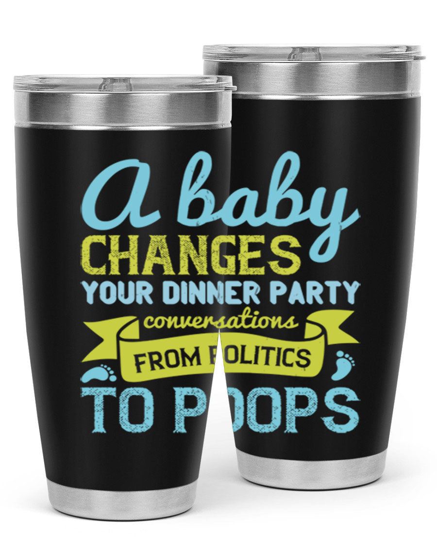 A stylish double wall vacuum stainless steel tumbler with a humorous quote about parenting, showcasing its sleek design and drink-thru lid.
