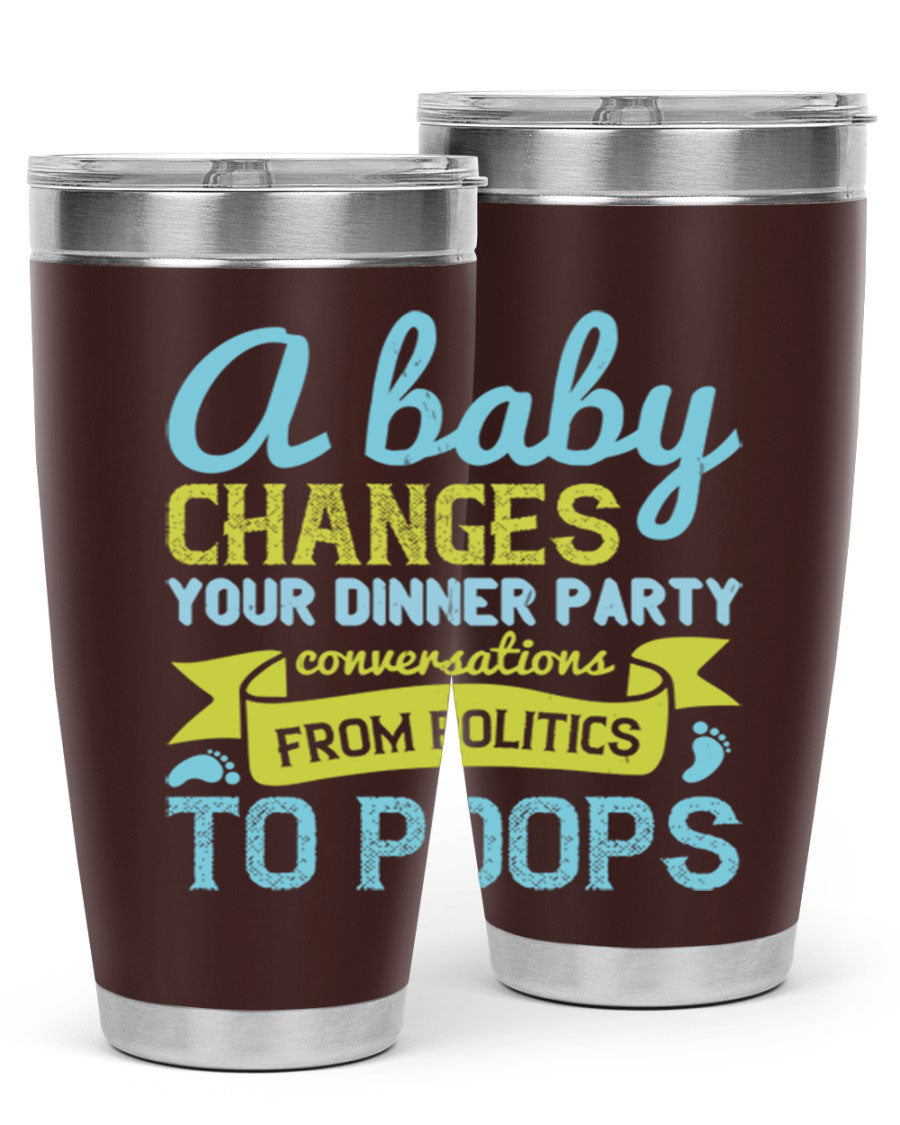 A stylish double wall vacuum stainless steel tumbler with a humorous quote about parenting, showcasing its sleek design and drink-thru lid.