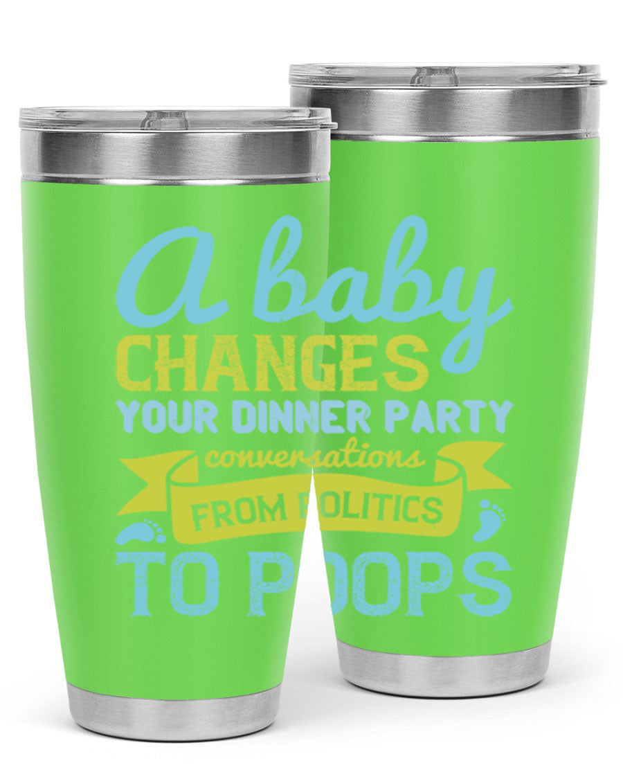 A stylish double wall vacuum stainless steel tumbler with a humorous quote about parenting, showcasing its sleek design and drink-thru lid.