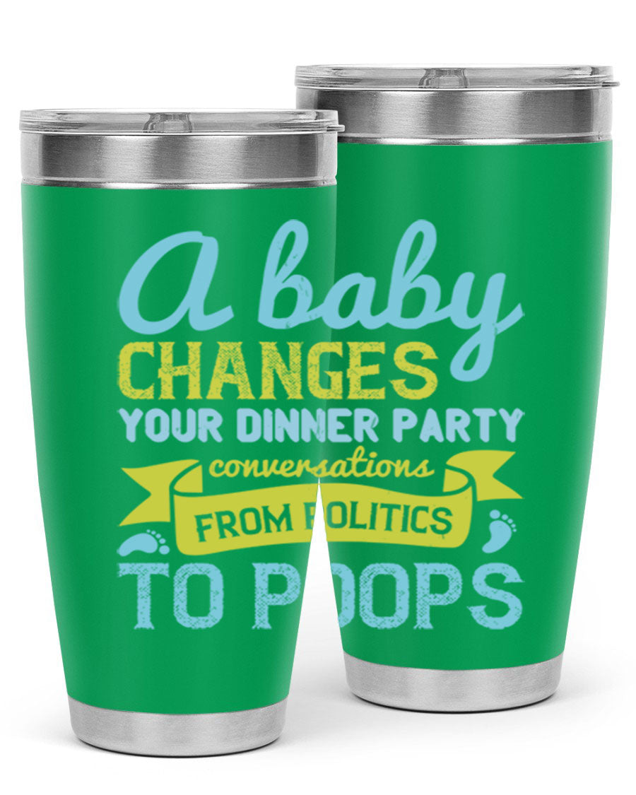 A stylish double wall vacuum stainless steel tumbler with a humorous quote about parenting, showcasing its sleek design and drink-thru lid.
