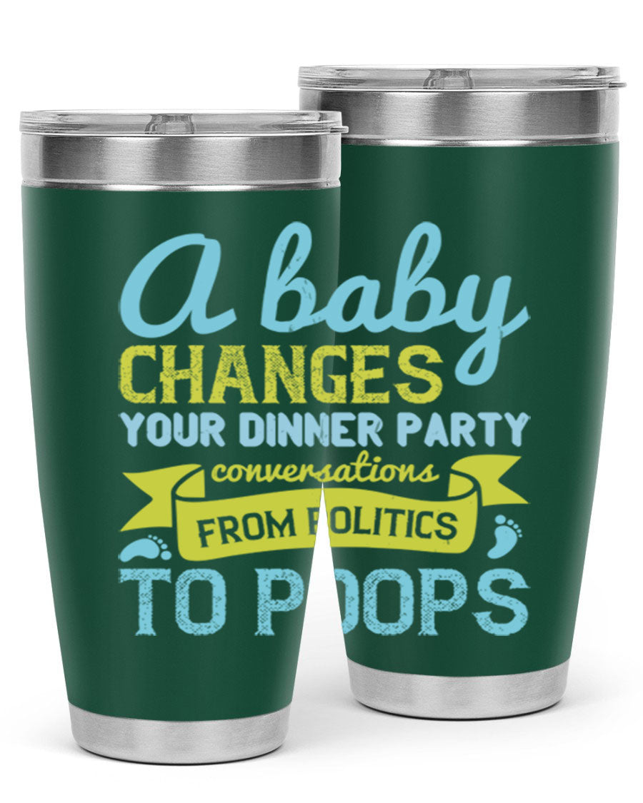 A stylish double wall vacuum stainless steel tumbler with a humorous quote about parenting, showcasing its sleek design and drink-thru lid.