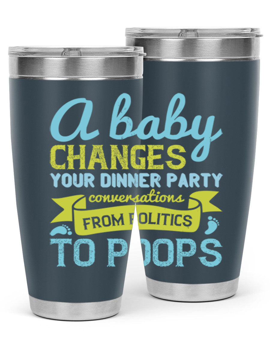 A stylish double wall vacuum stainless steel tumbler with a humorous quote about parenting, showcasing its sleek design and drink-thru lid.