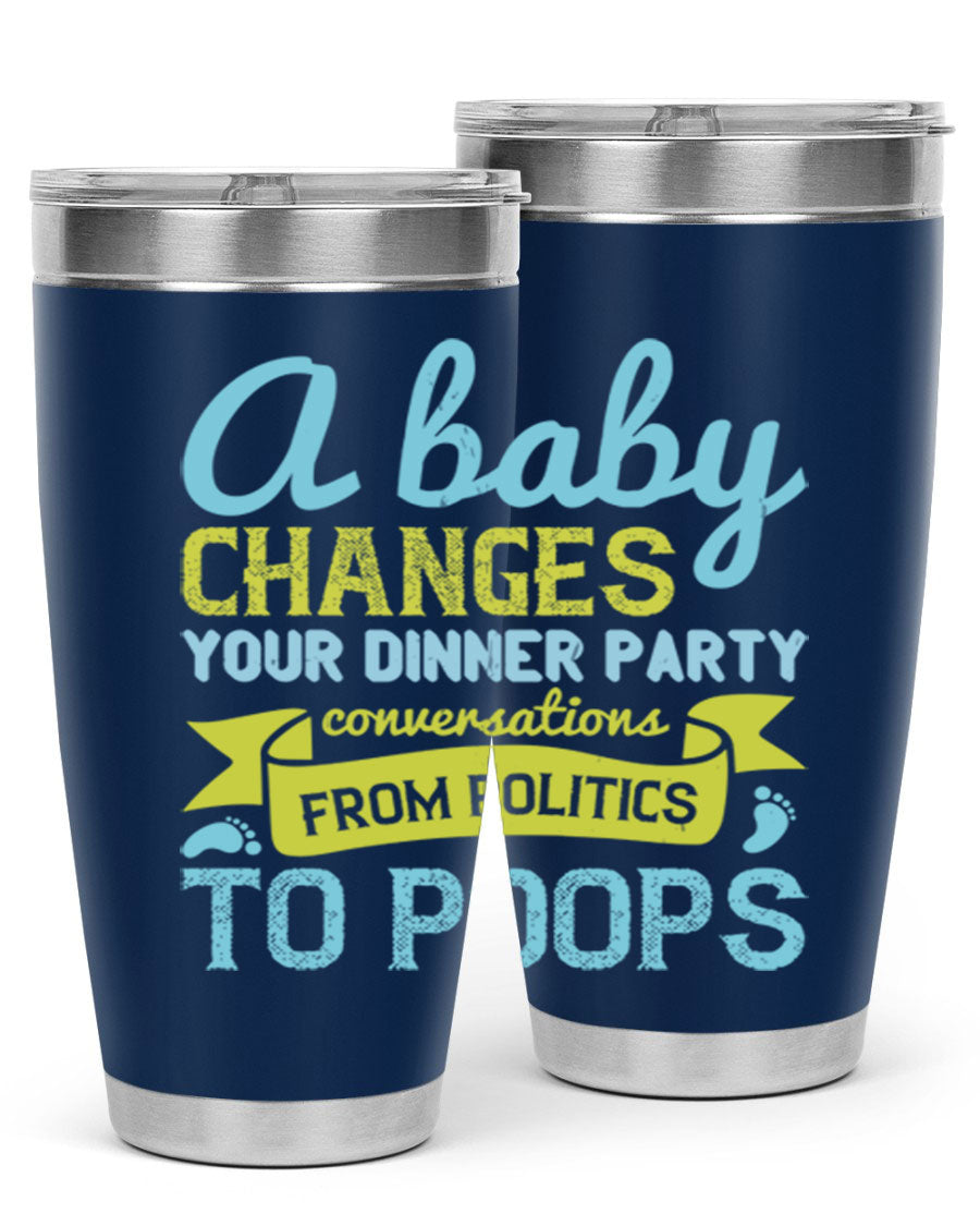 A stylish double wall vacuum stainless steel tumbler with a humorous quote about parenting, showcasing its sleek design and drink-thru lid.