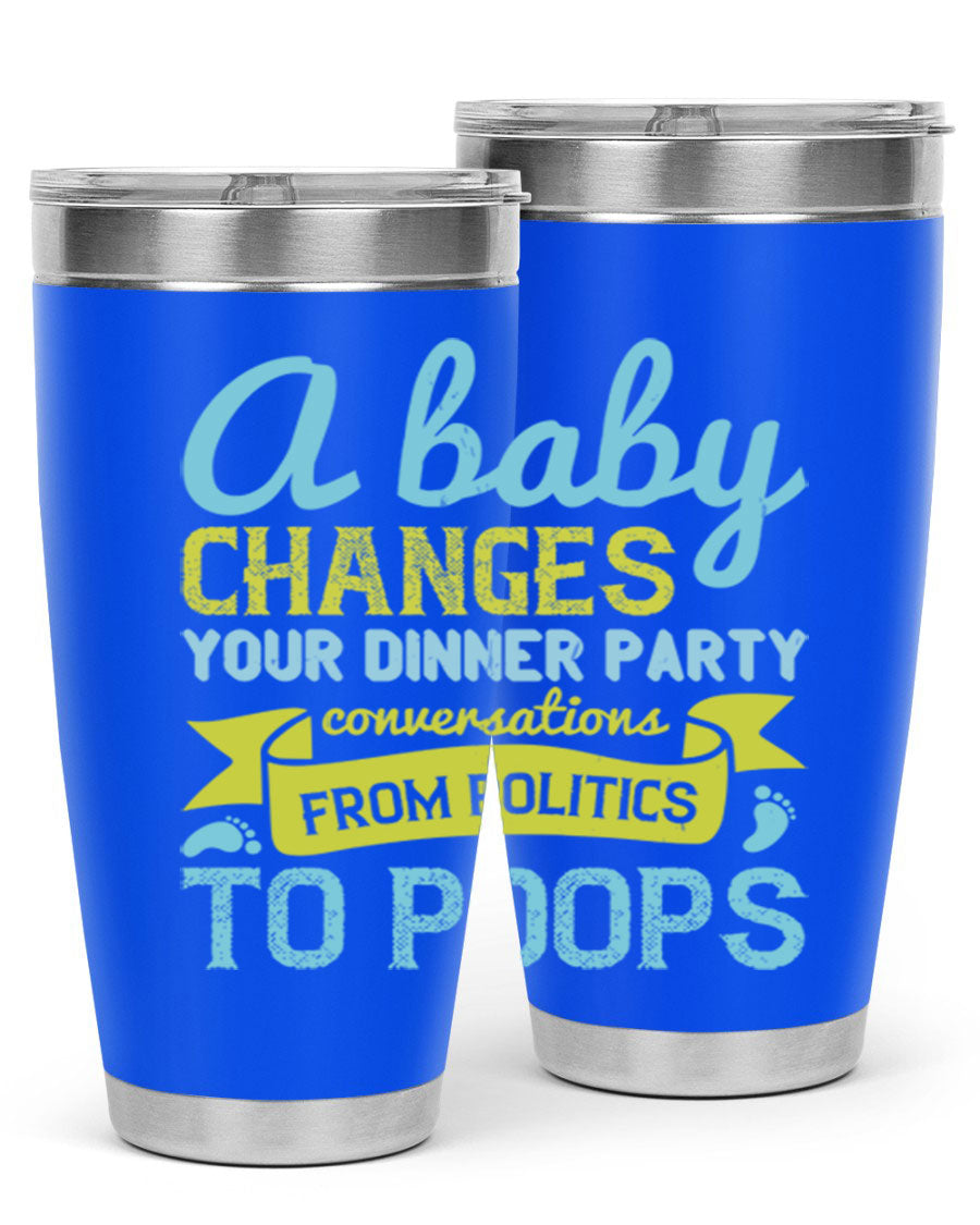A stylish double wall vacuum stainless steel tumbler with a humorous quote about parenting, showcasing its sleek design and drink-thru lid.