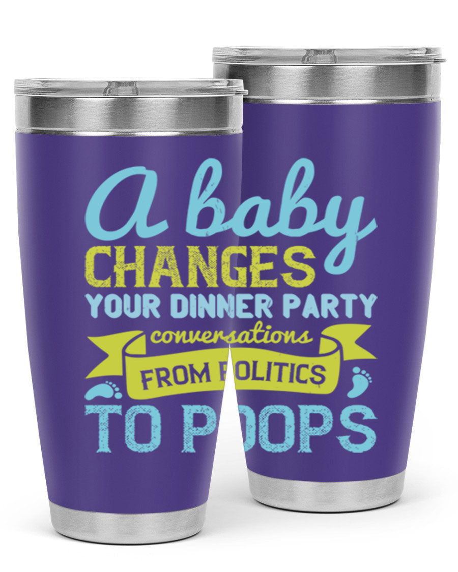 A stylish double wall vacuum stainless steel tumbler with a humorous quote about parenting, showcasing its sleek design and drink-thru lid.