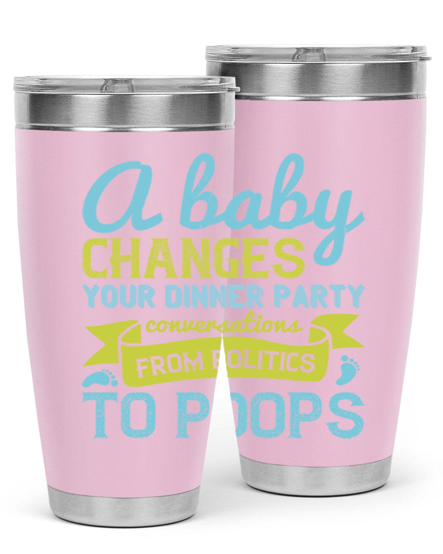 A stylish double wall vacuum stainless steel tumbler with a humorous quote about parenting, showcasing its sleek design and drink-thru lid.