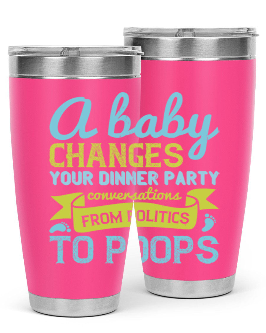 A stylish double wall vacuum stainless steel tumbler with a humorous quote about parenting, showcasing its sleek design and drink-thru lid.