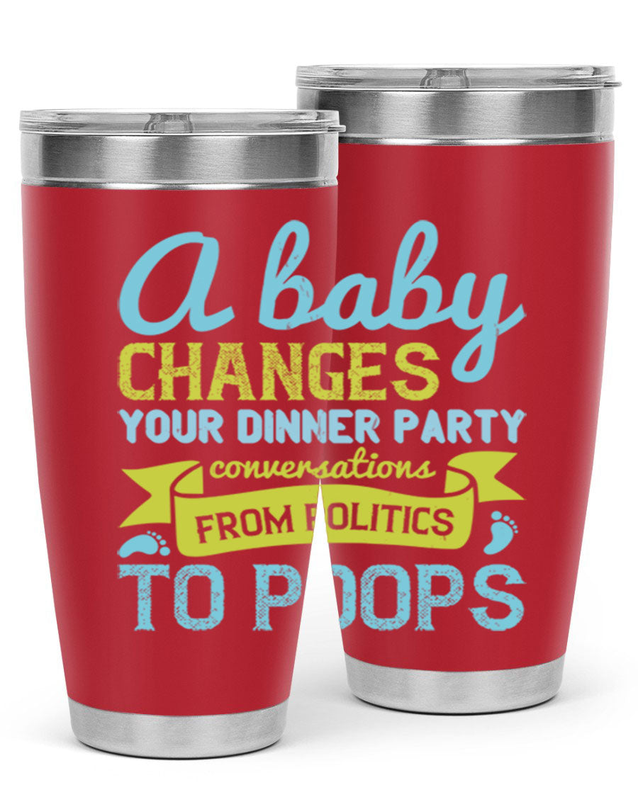 A stylish double wall vacuum stainless steel tumbler with a humorous quote about parenting, showcasing its sleek design and drink-thru lid.